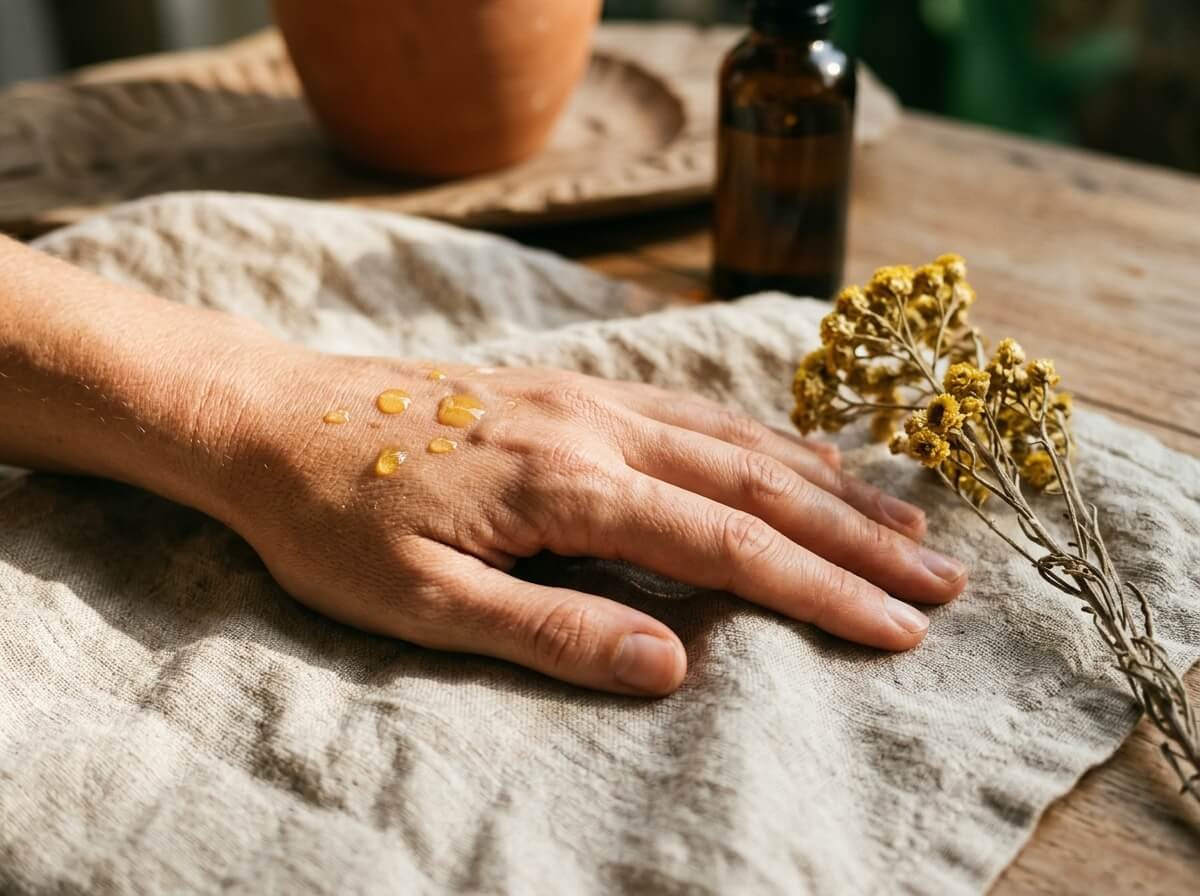 Golden facial serum on calm skin, supporting the skin barrier
