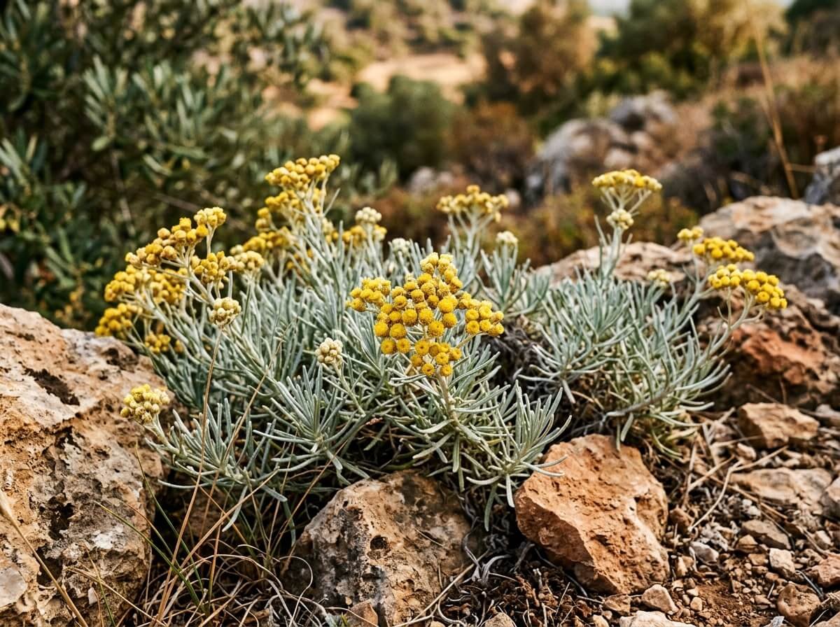 Helichrysum italicum, the immortelle flower, growing on a dry rocky hillside
