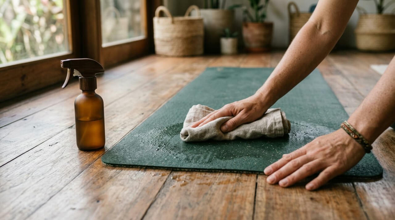 how to clean a yoga mat naturally with a natural spray and cloth