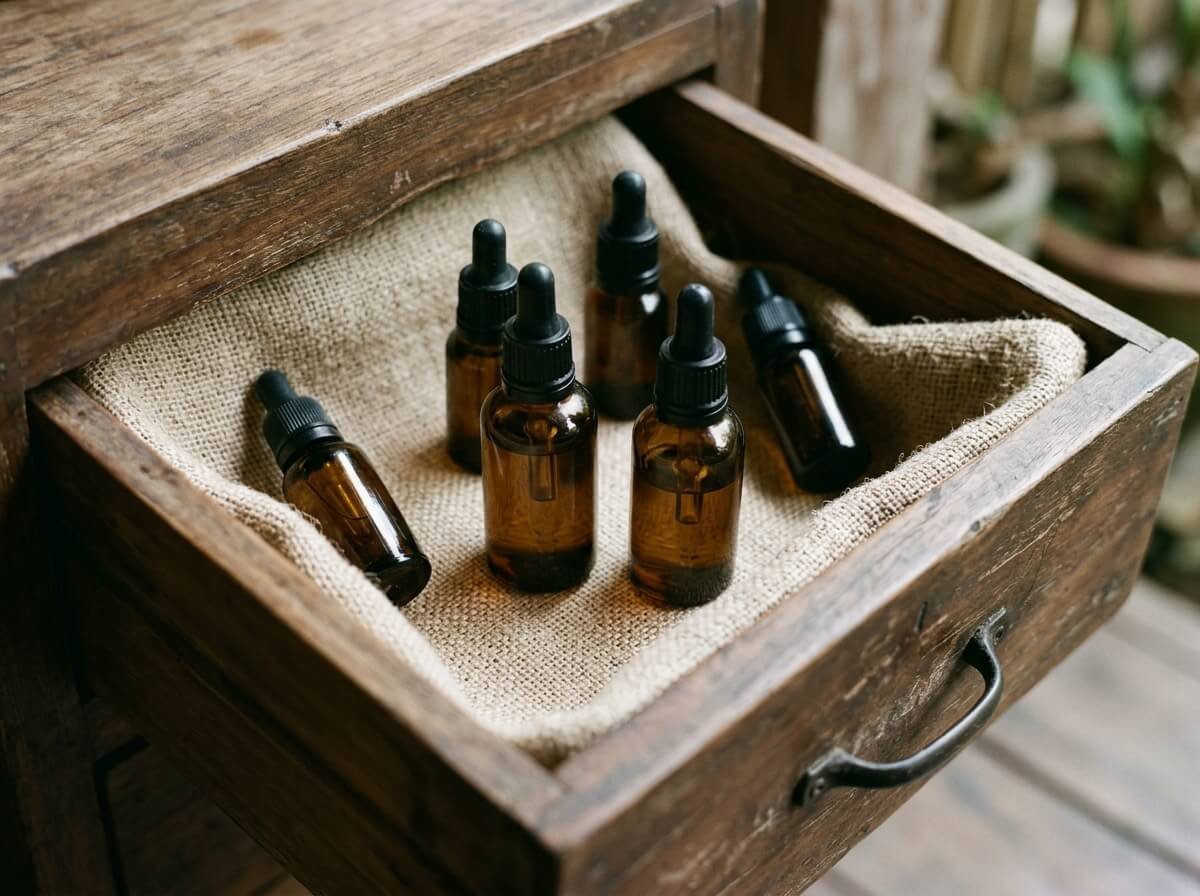 Storing essential oils in a cool dark drawer slows oxidation