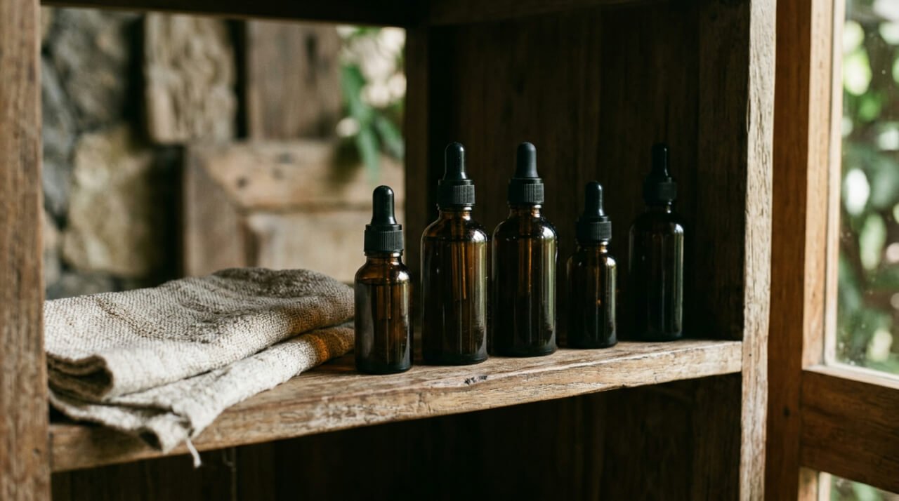 How to store essential oils: dark amber bottles kept out of direct light