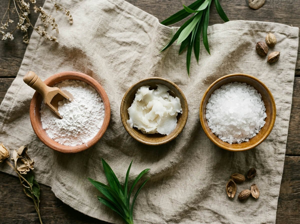 arrowroot powder, coconut oil, and magnesium flakes used in natural deodorant formulas