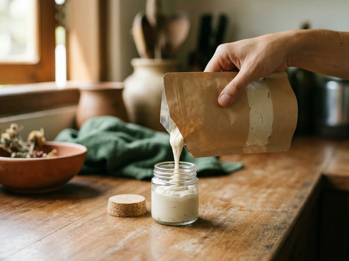 refilling a reusable jar with natural deodorant to reduce waste