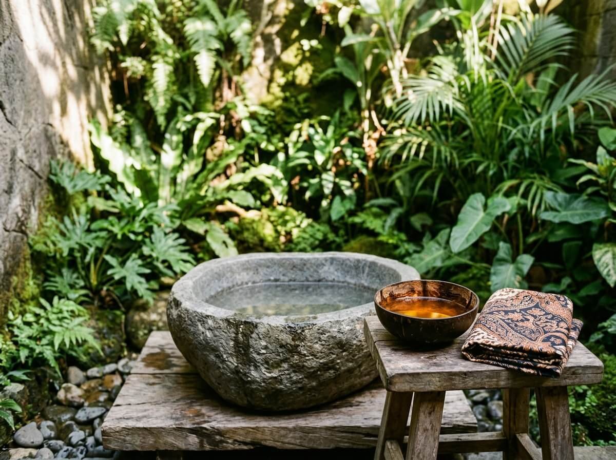 Coconut shell bowl of body oil beside a stone basin in an open-air Balinese garden bathroom