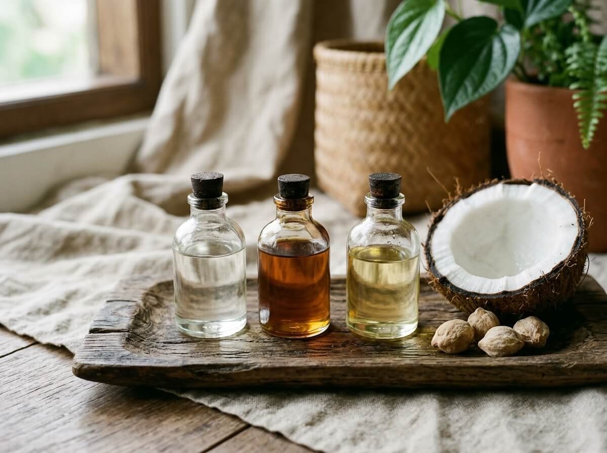 Three plant body oils of different weights on a teak tray with coconut and candlenuts