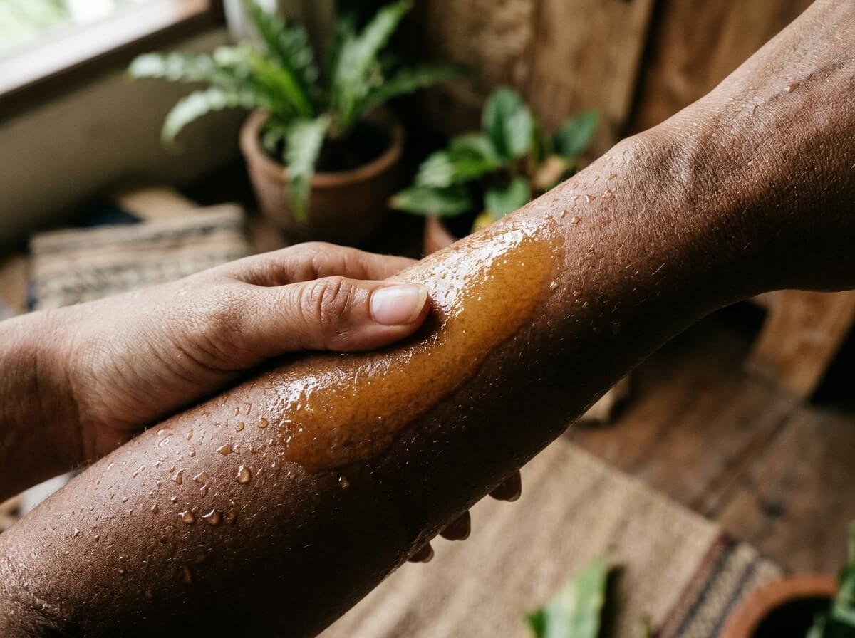 Body oil being pressed into damp skin on a forearm after bathing