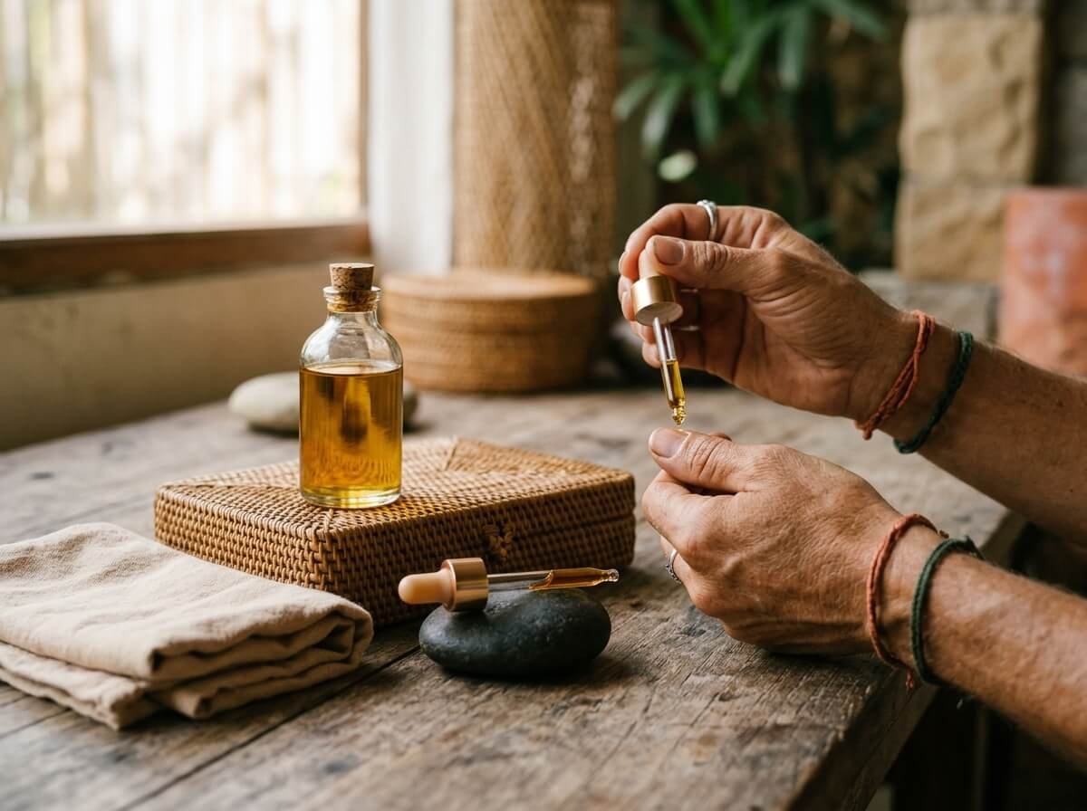 Hand applying a drop of body oil to cuticles beside a small glass bottle on a wooden table