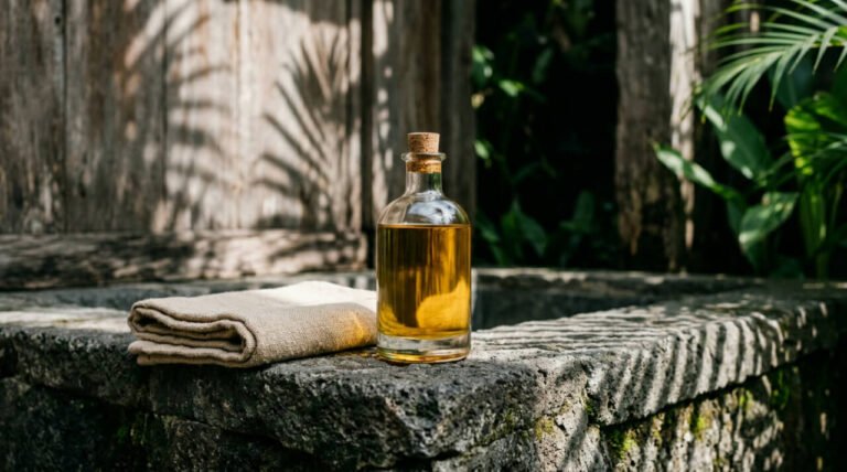 Glass bottle of golden body oil on a volcanic stone ledge in an open-air Balinese bathroom