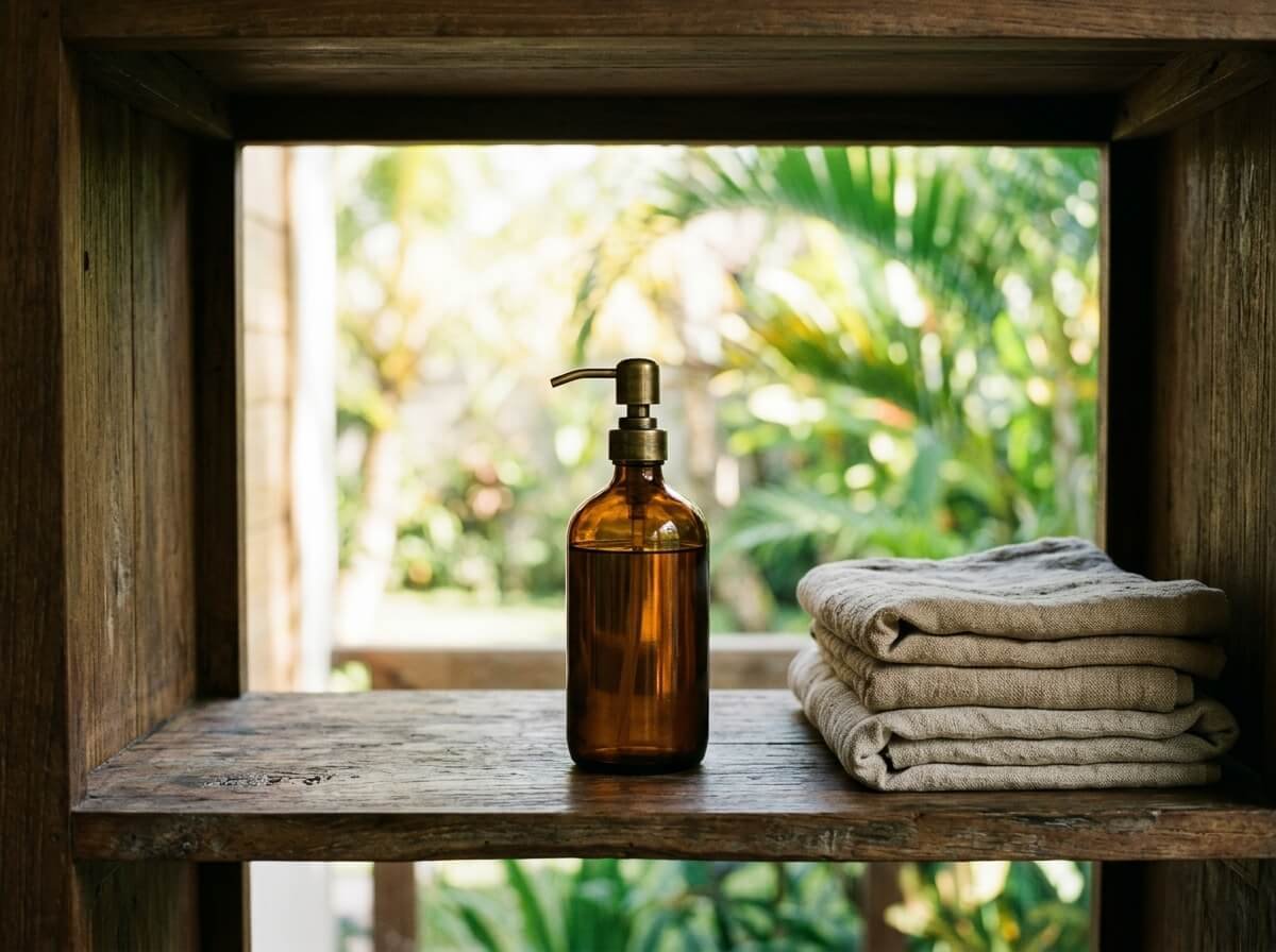 Body oil bottle stored in a shaded teak cabinet away from direct sunlight