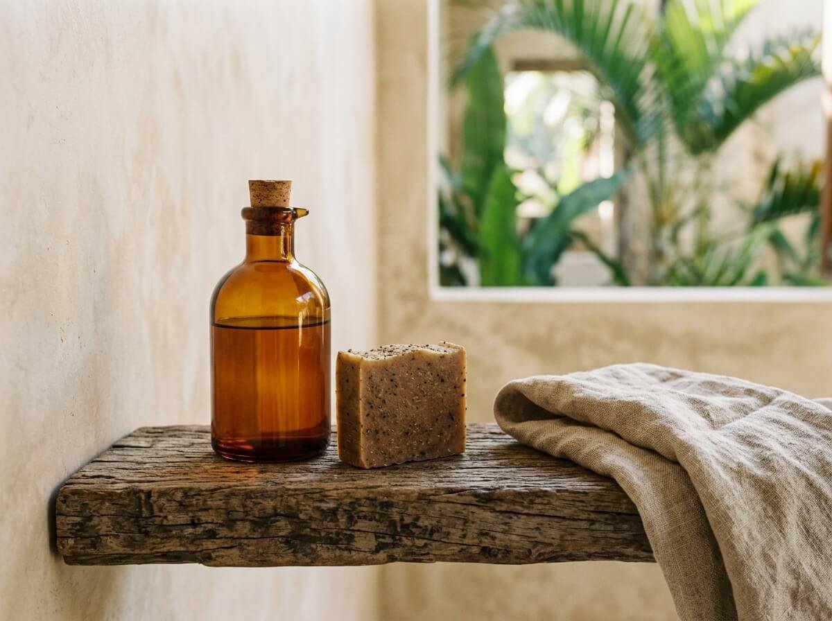 Amber glass bottle of plant body oil on a teak bathroom shelf beside linen and soap