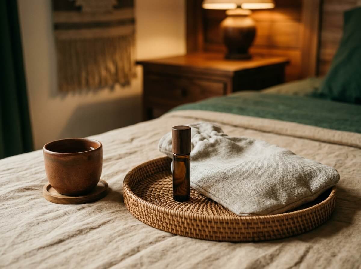 A roller bottle, warm compress, and ginger tea for period comfort on a quiet evening