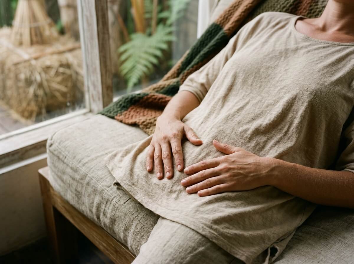 Hands resting on the lower belly during period cramps