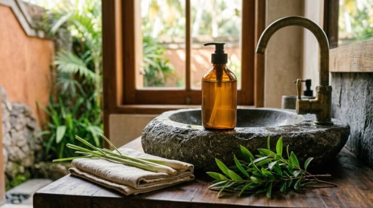 Natural antibacterial soap in an amber pump bottle on a stone basin with lemongrass