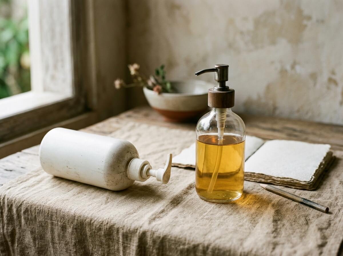 A plain glass soap dispenser beside an old plastic pump bottle on linen