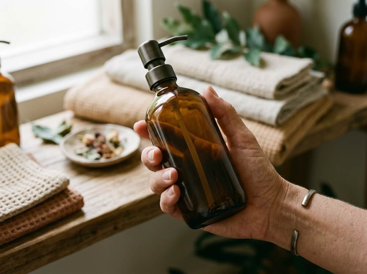 Reading the back of a natural soap bottle
