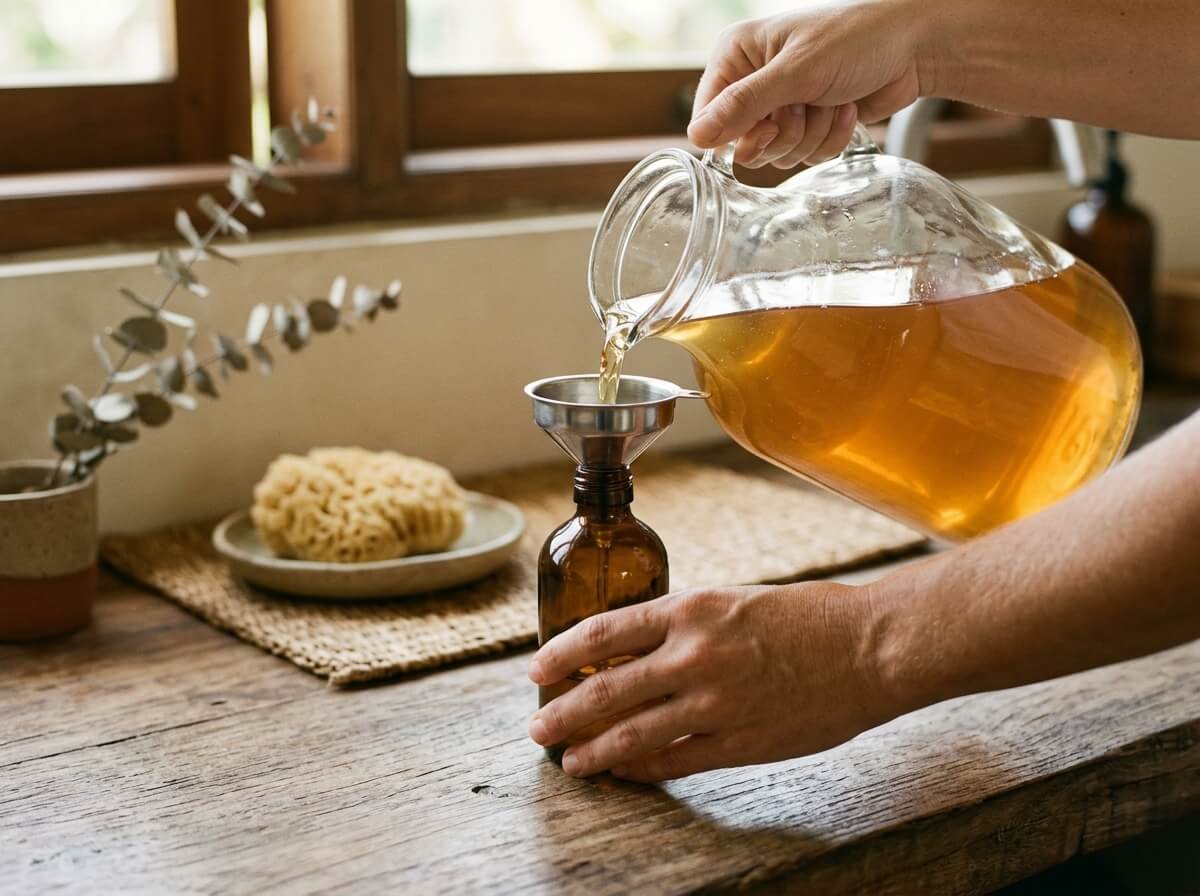 Refilling an amber bottle with natural liquid soap