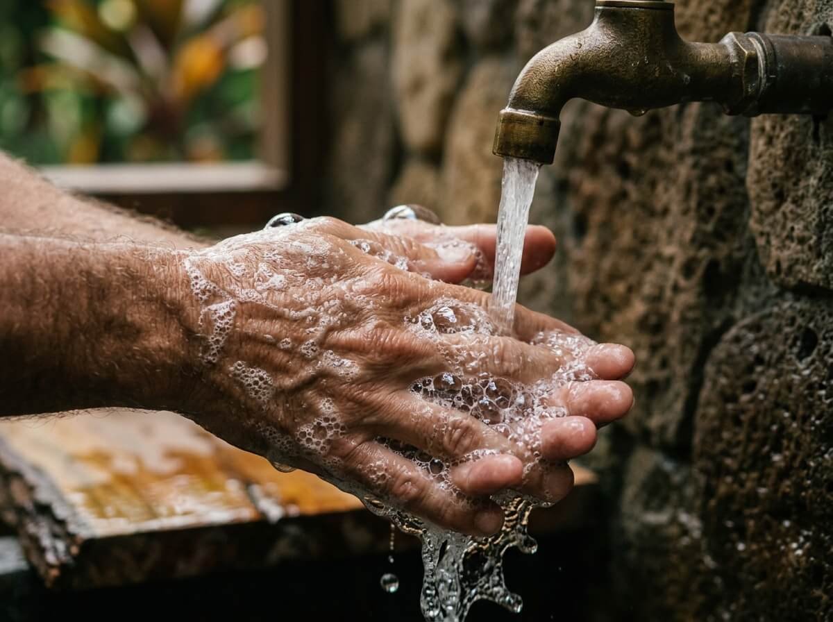 Running water rinsing soap foam from hands