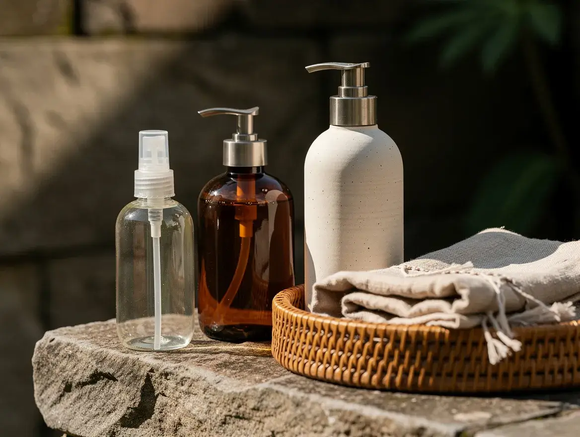 Soap, hand sanitiser, and body wash bottles side by side on a stone ledge