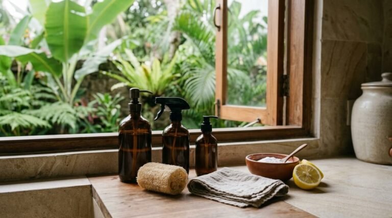 Natural cleaning products in refillable amber glass bottles on a stone kitchen counter in Bali