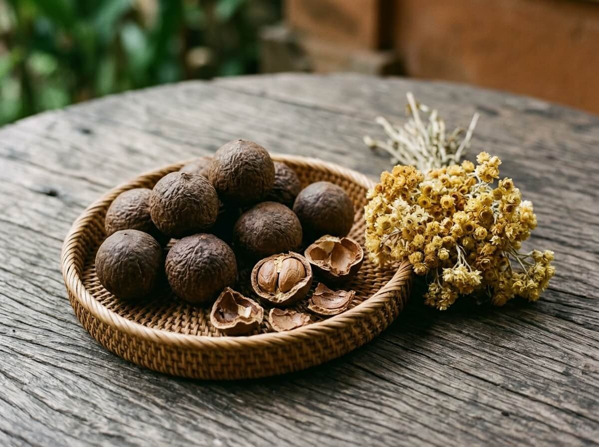 Tamanu nuts and dried helichrysum flowers, two botanicals studied for skin renewal