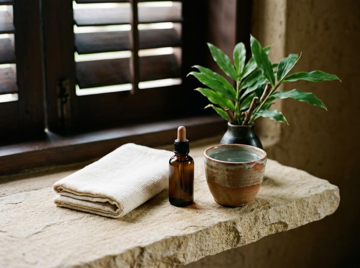 Simple eye care essentials on a stone shelf in morning light