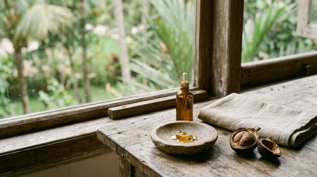 Amber dropper bottle of tamanu oil on a teak table, a simple natural eye cream alternative