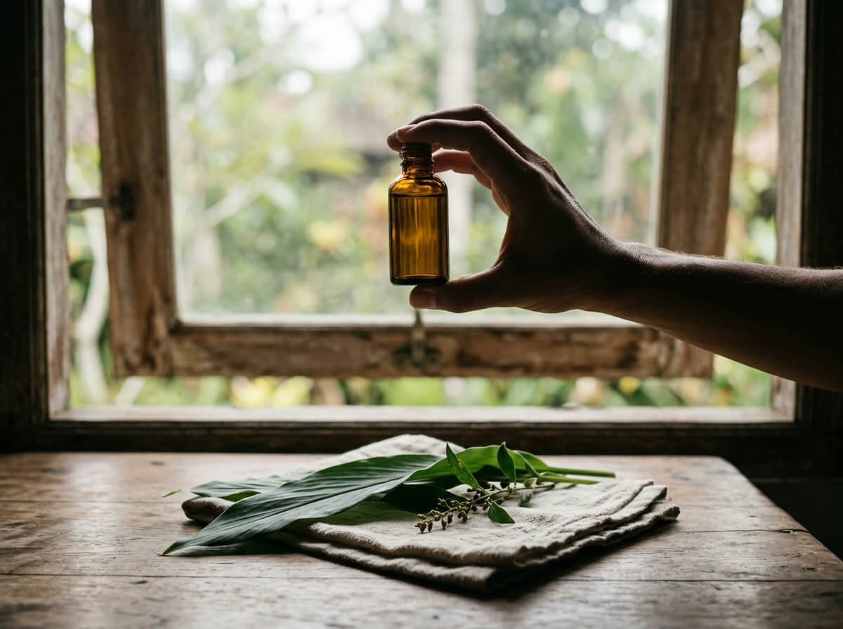 Hand holding a small bottle up to the light, checking ingredients before buying an eye product