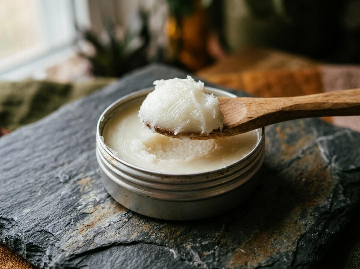 Thick waxy balm on a wooden spatula, the kind of heavy texture that can cause milia around the eyes