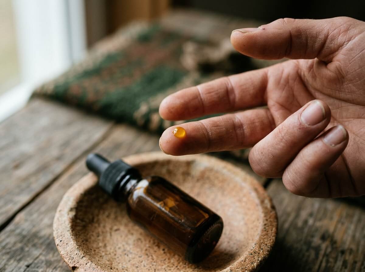 A single drop of oil on the ring finger, ready to tap gently around the eye area