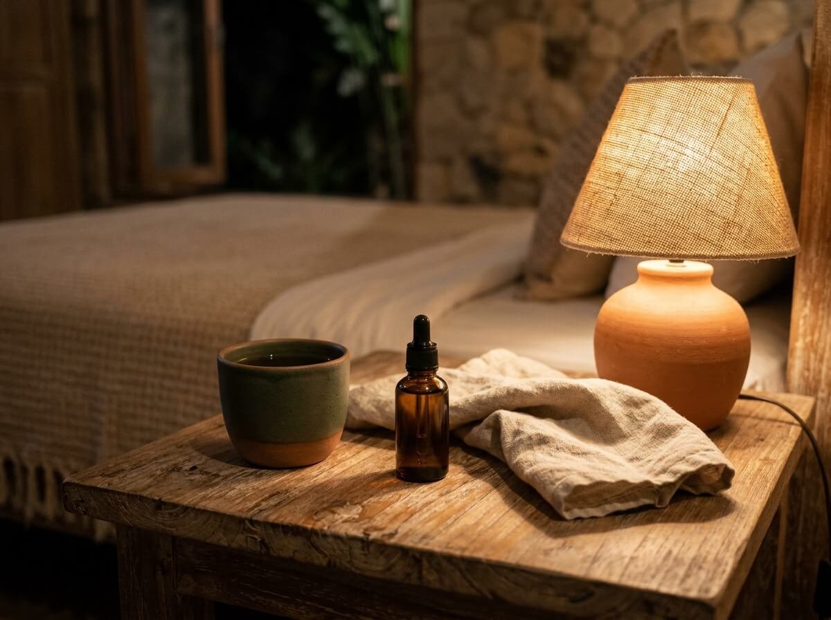 An evening eye care ritual with a dropper of plant oil on a bedside table