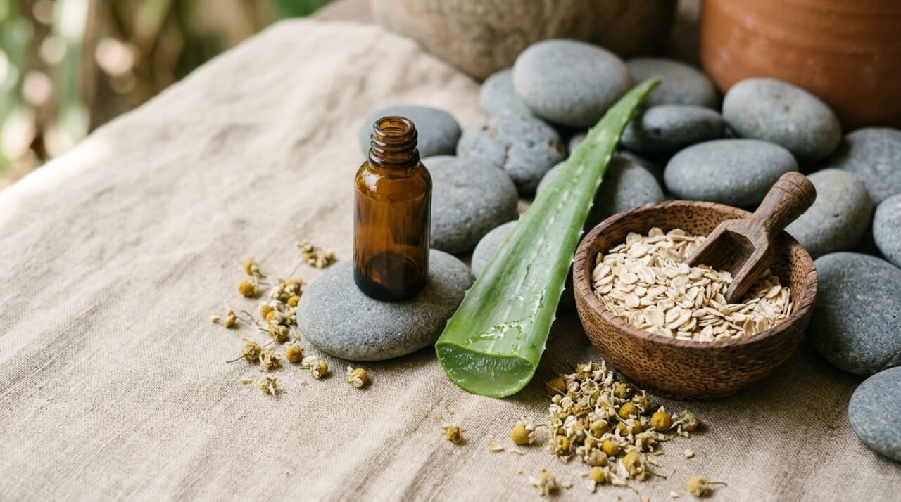 Natural skincare for rosacea essentials on linen: plain oil dropper, aloe vera leaf, oats, and chamomile