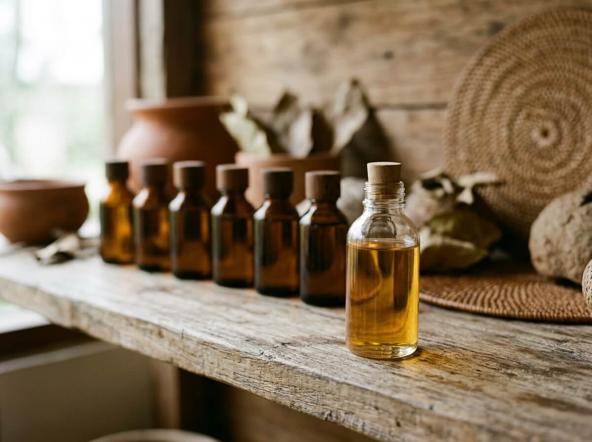 Amber essential oil bottles behind a plain unscented oil, a reminder that fragrance load matters for redness-prone skin