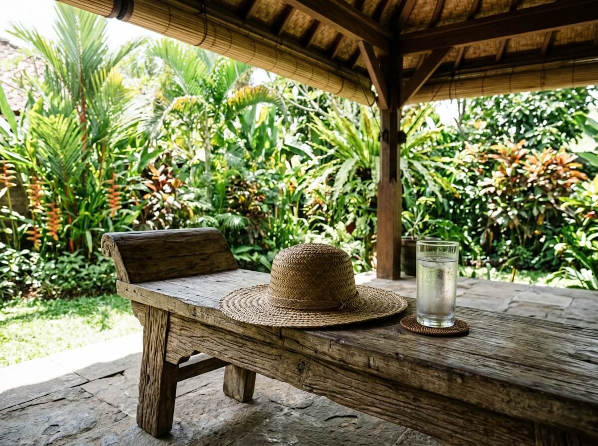 Shade, water, and a wide hat on a Bali veranda, simple ways to manage heat as a rosacea trigger