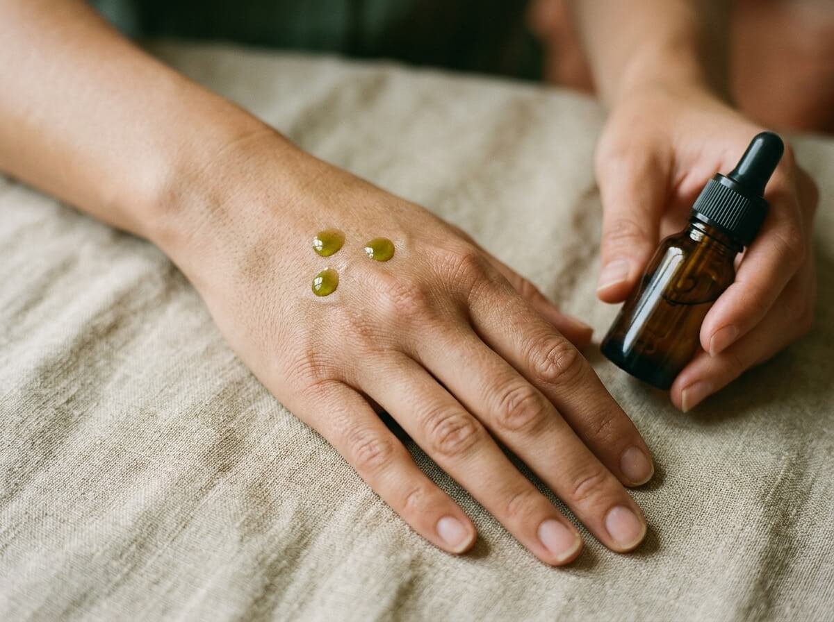 Patch testing a single-ingredient plant oil on the back of the hand before using it on the face