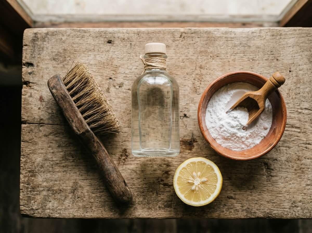 Natural cleaning products and DIY basics: white vinegar, bicarbonate of soda, and lemon on a wooden board