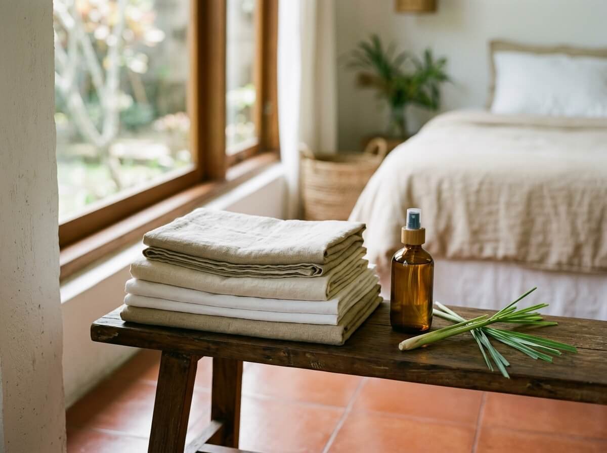 Folded linen sheets beside a glass spray bottle on a bed