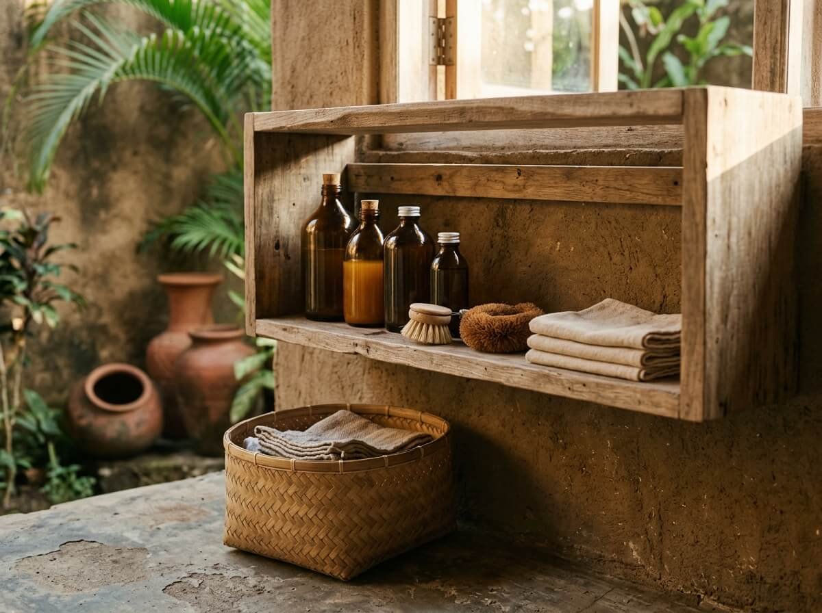A simple honest cleaning shelf of four refillable bottles, a brush, and cloths