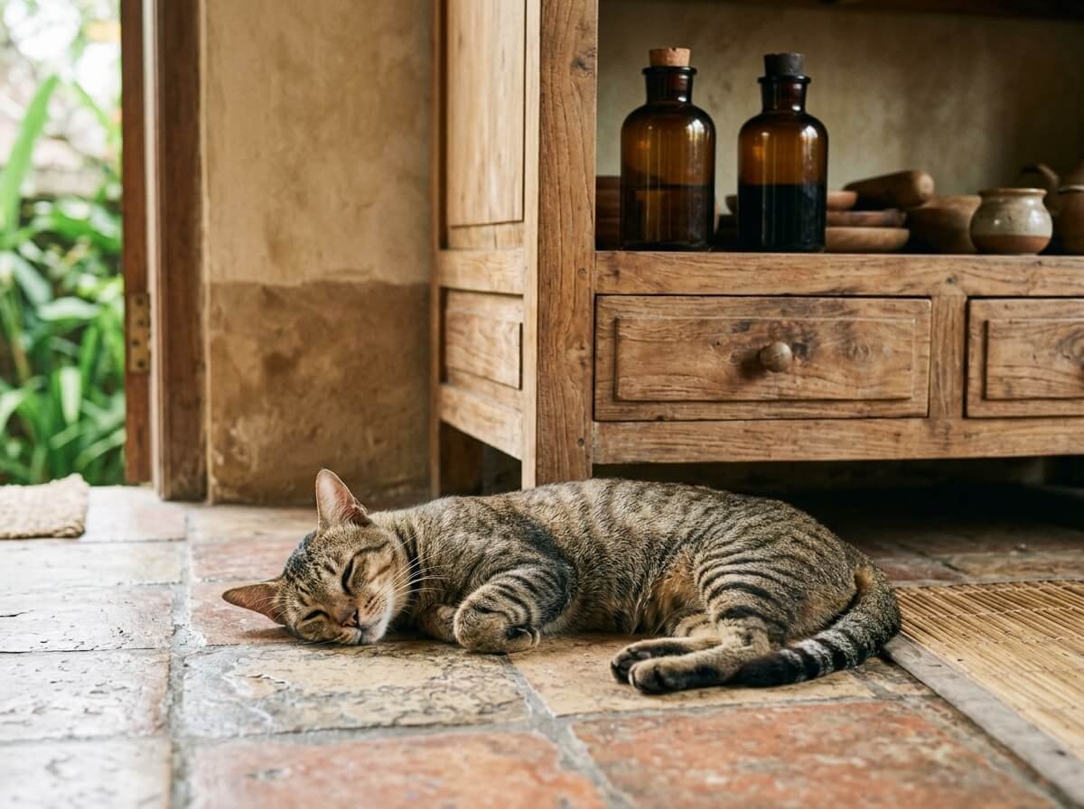 A cat resting in a calm home near a closed cleaning cabinet, illustrating that natural is not harmless