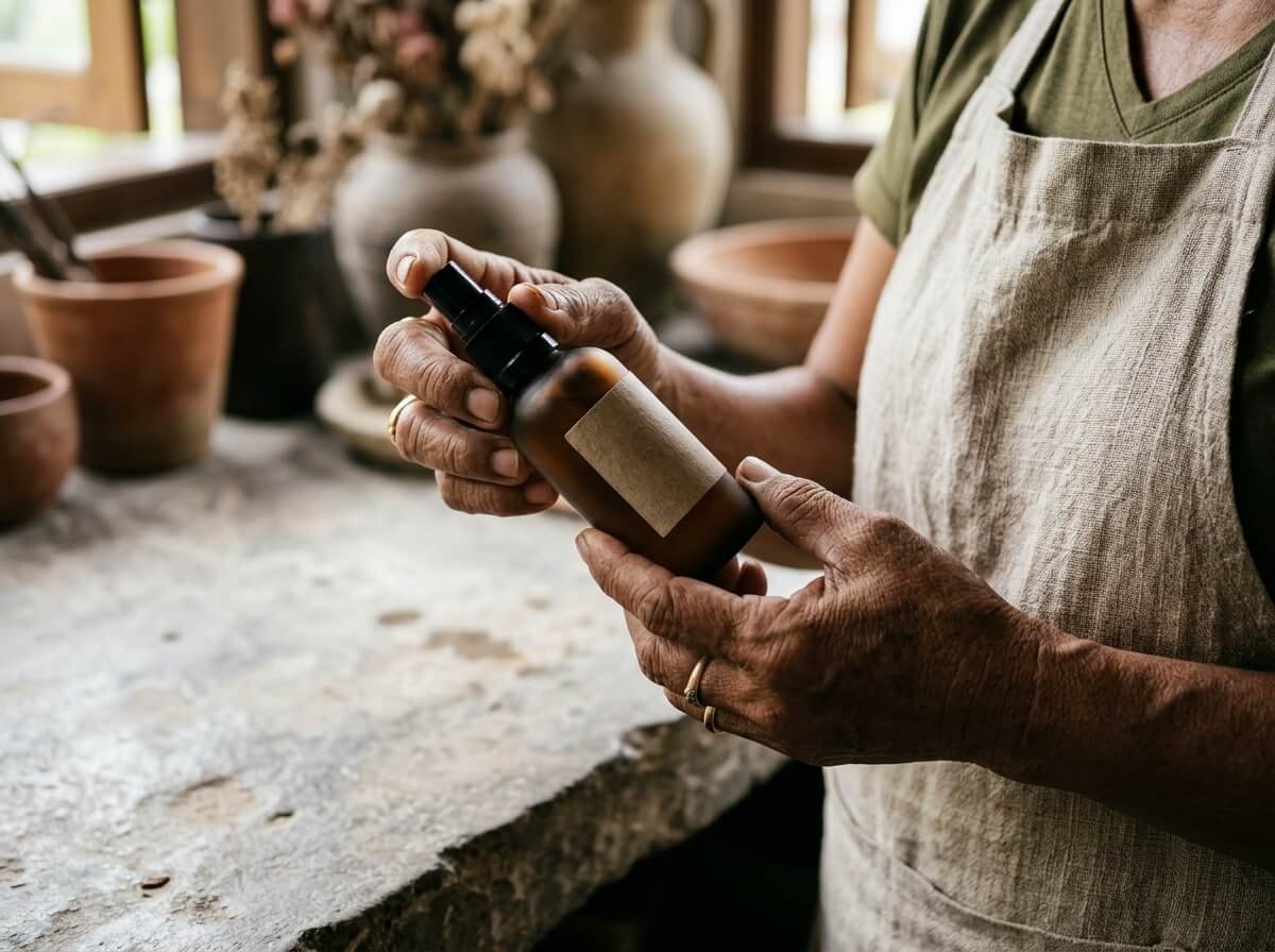 Hands holding a cleaning bottle while reading the ingredient list