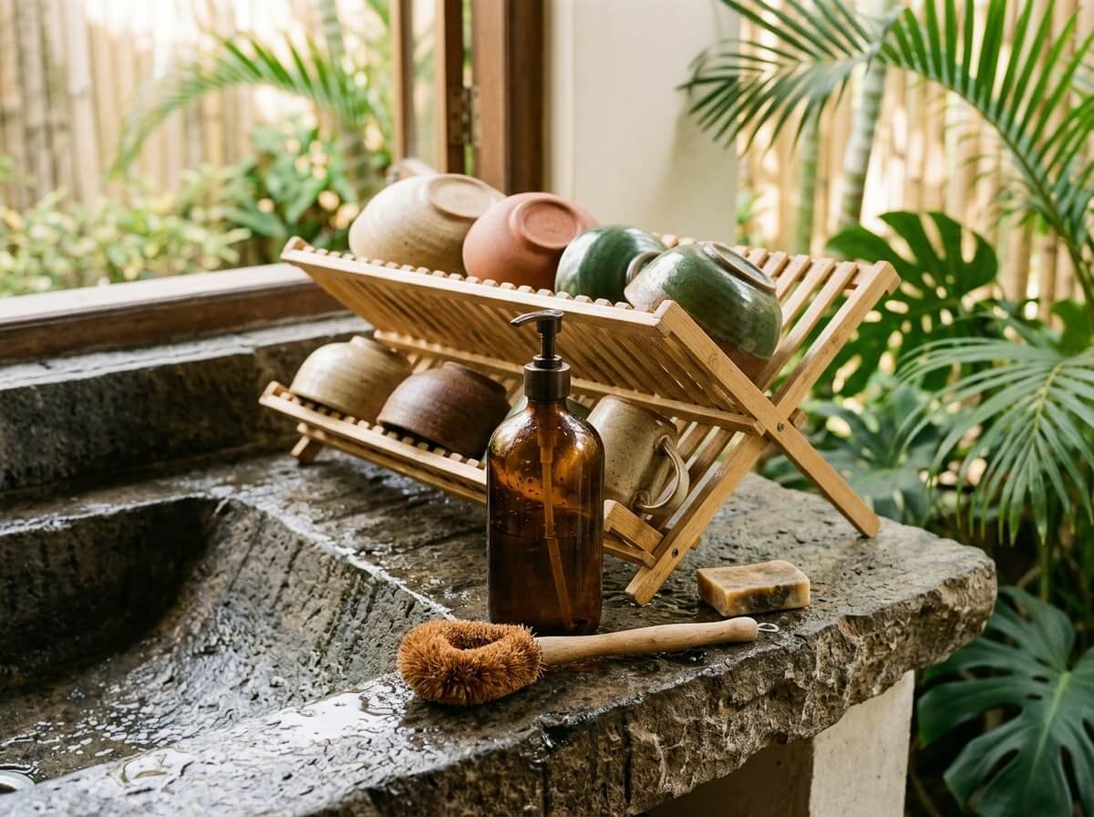 A refillable dish soap bottle beside a stone sink with clean ceramic bowls drying