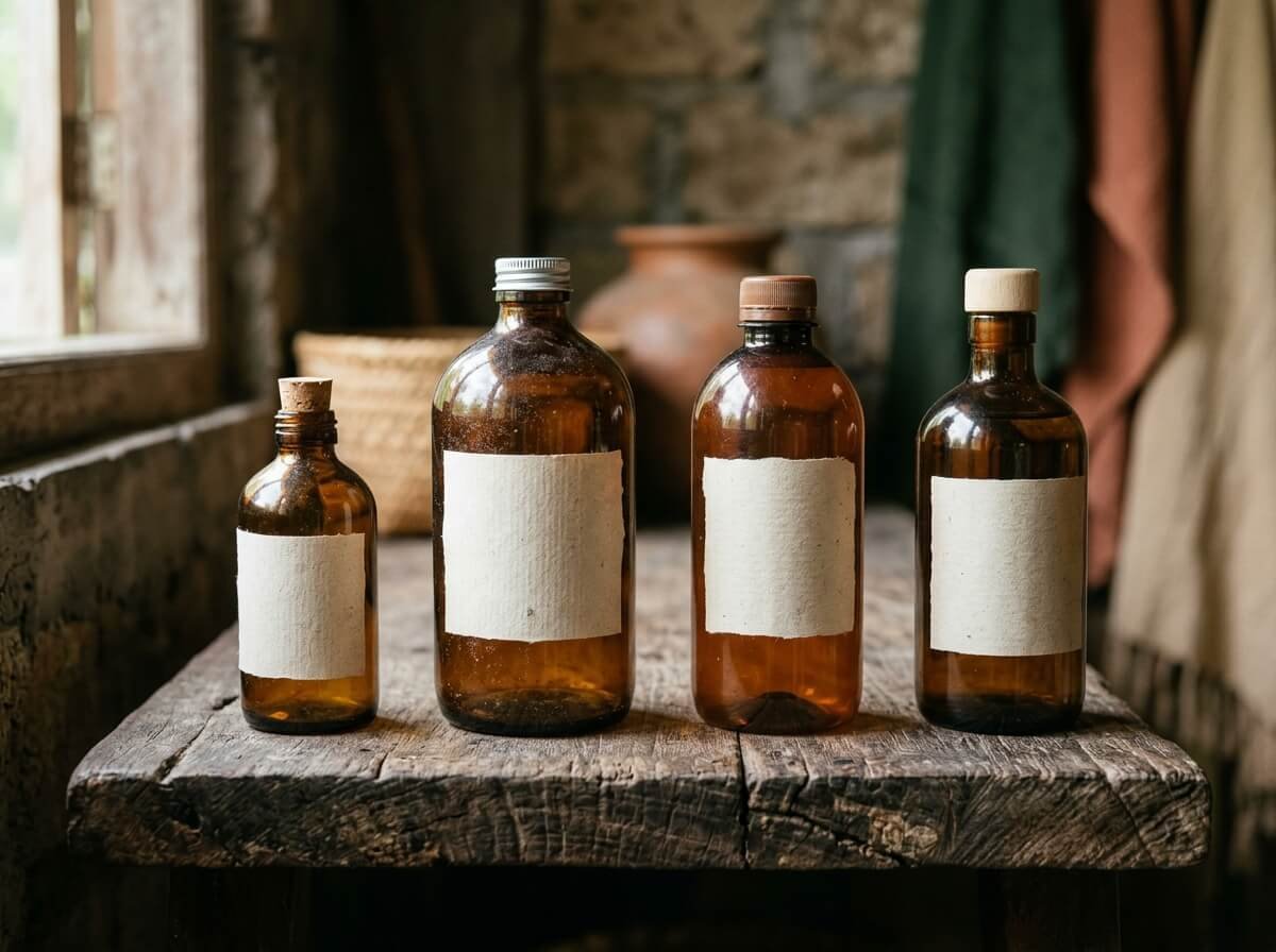 Plain cleaning bottles with blank labels on a wooden shelf, showing that natural is an unregulated word