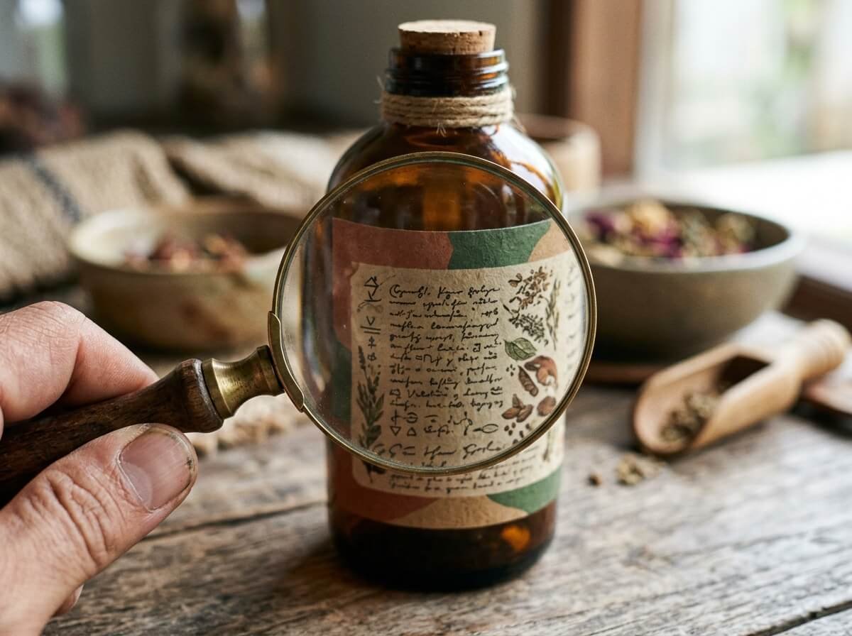 Magnifying glass over a cosmetic ingredient list representing hidden palm oil derivative names