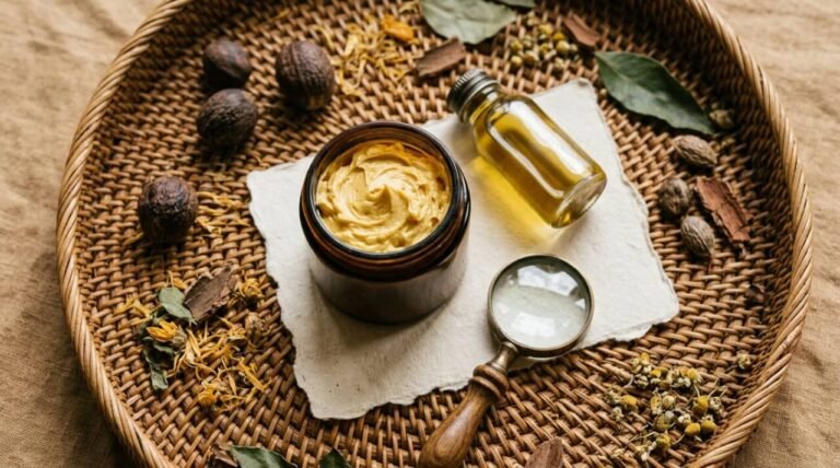 Palm oil free skincare ingredients and jar of whipped body butter on a linen surface