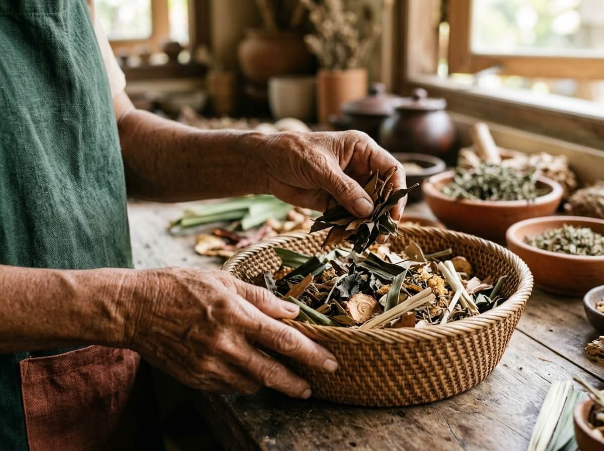 Hands sorting wild harvested botanicals as part of regenerative sourcing practice