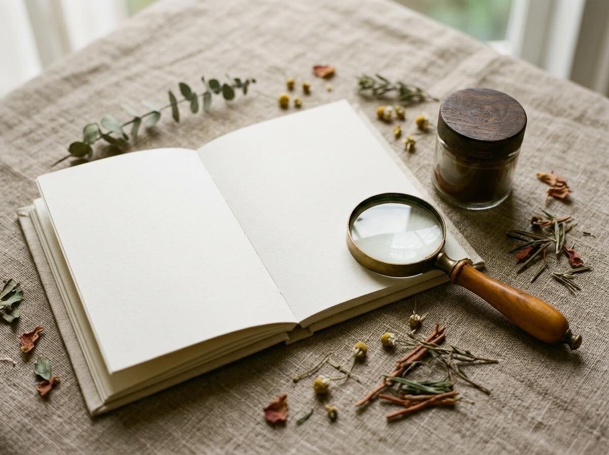 Notebook and magnifying glass representing how to vet a brand's tropical ingredient sourcing