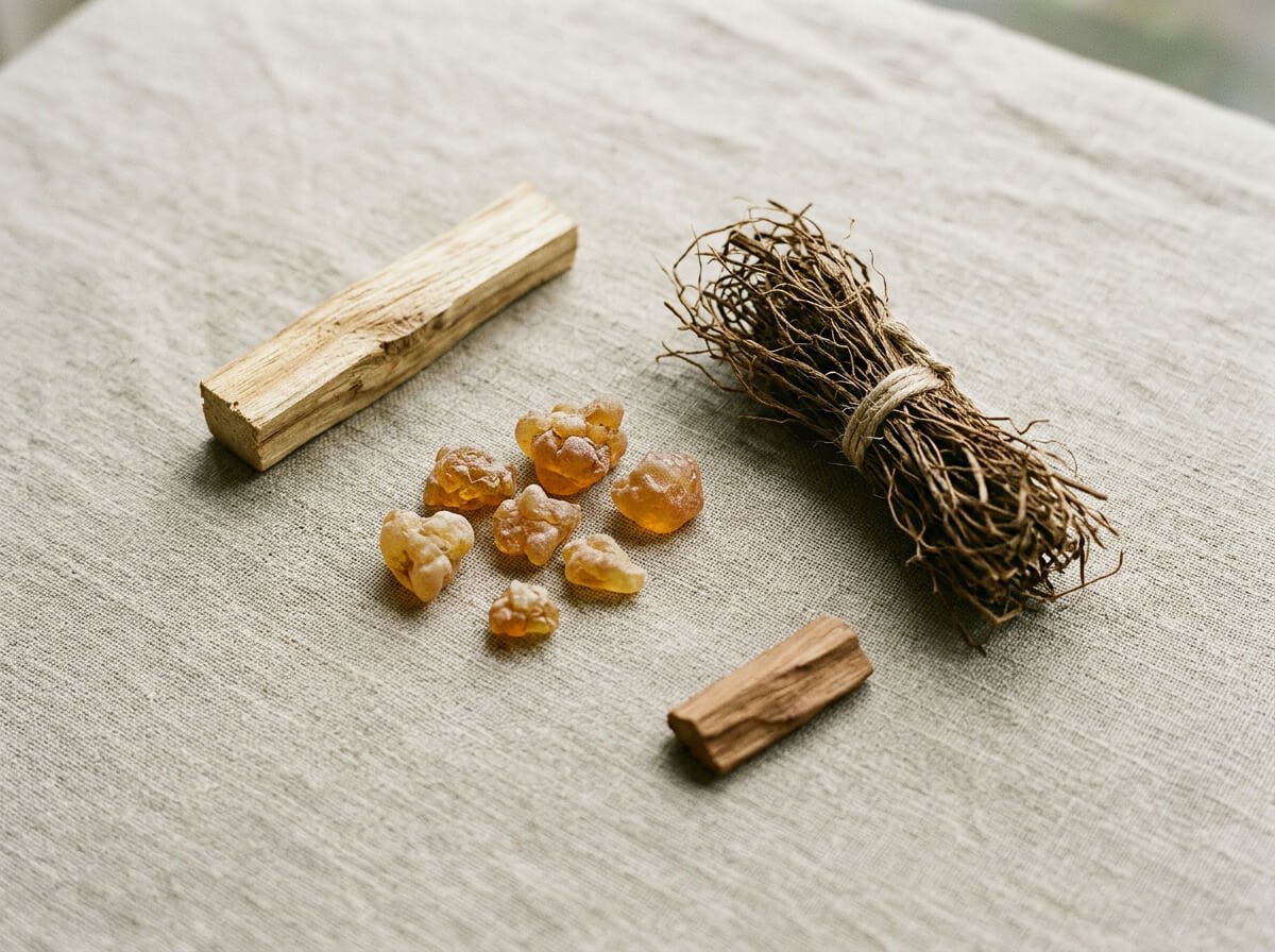 Palo santo wood beside frankincense resin, vetiver root, and sandalwood