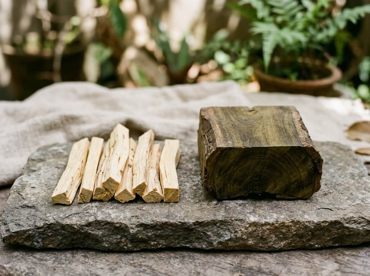 Two different woods both sold as palo santo, compared side by side