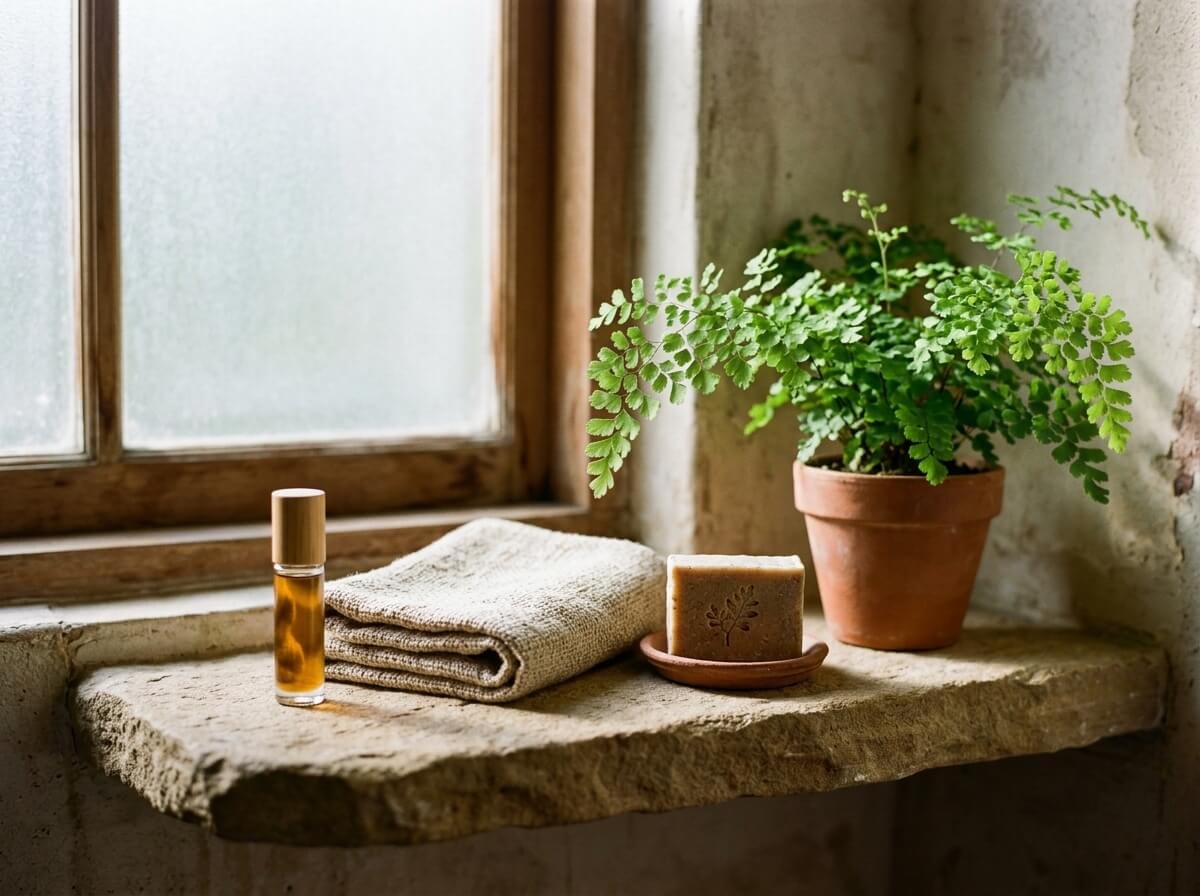 A simple morning shelf with a natural roll-on deodorant, linen, and handmade soap