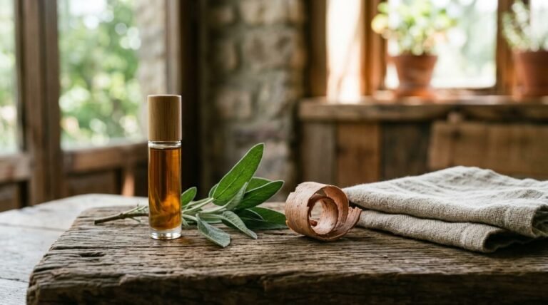 Probiotic deodorant in a glass roll-on bottle with sage and cedar on teak