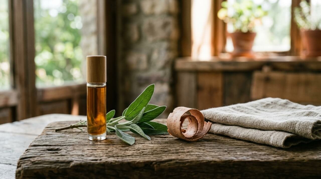 Probiotic deodorant in a glass roll-on bottle with sage and cedar on teak